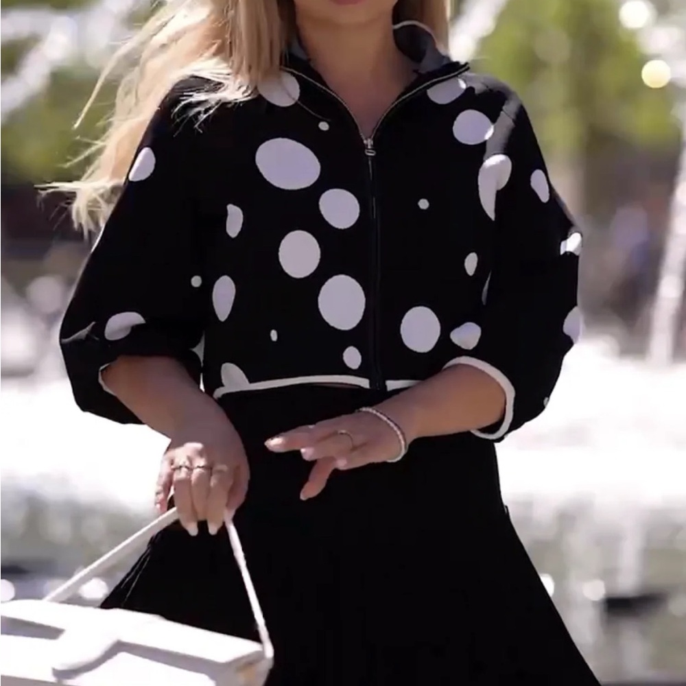 Polka Dot Zip-Front Cropped Cardigan - Black/White
